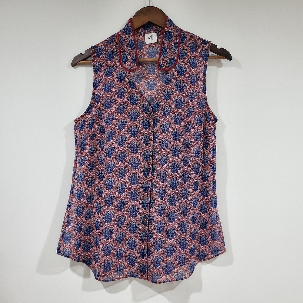 Cabi Sleeveless Sheer Floral Button Top Women's Size S
